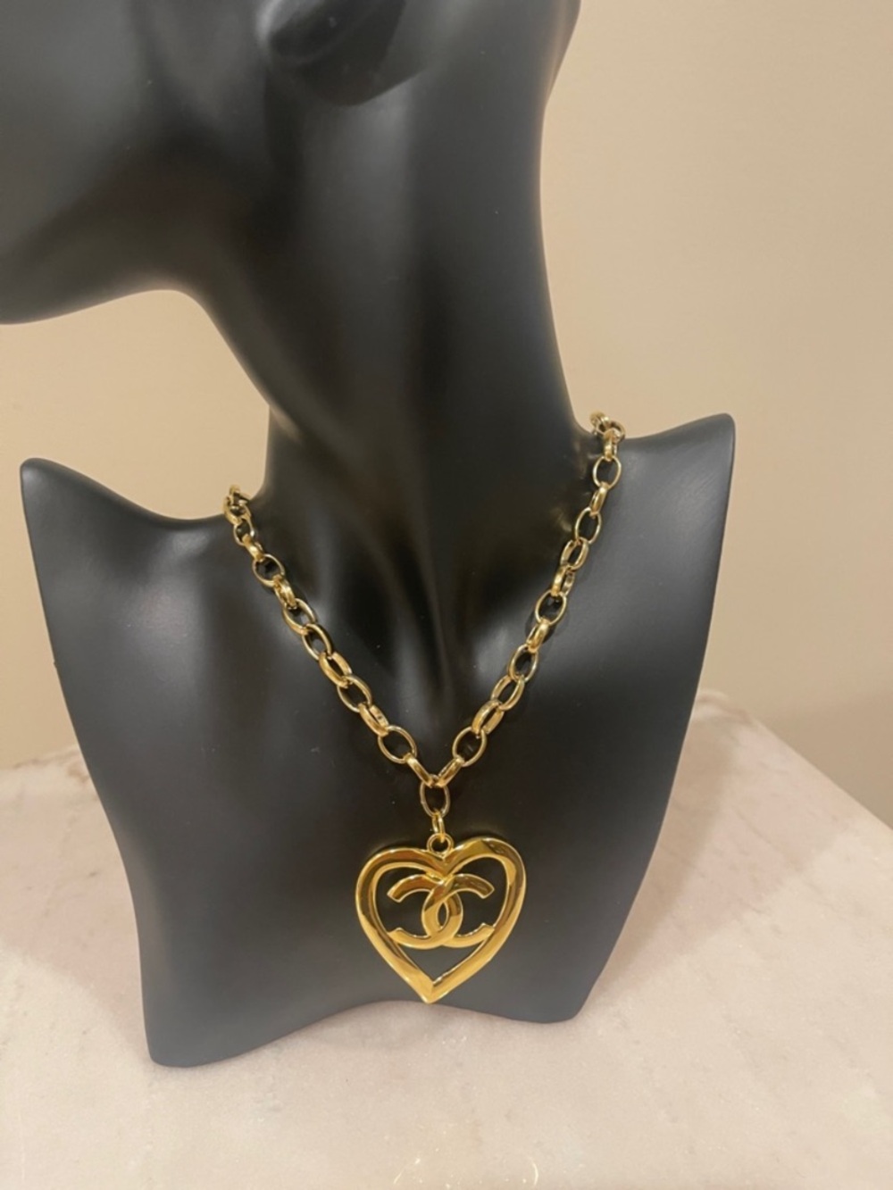 Chanel Gold Heart Shape Logo Pendant And Chain Necklace